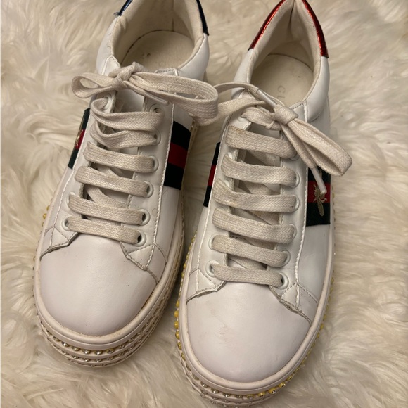 Gucci Women’s White Leather Rhinestone Platform Sneakers Size 39 US 9 - Picture 3 of 11